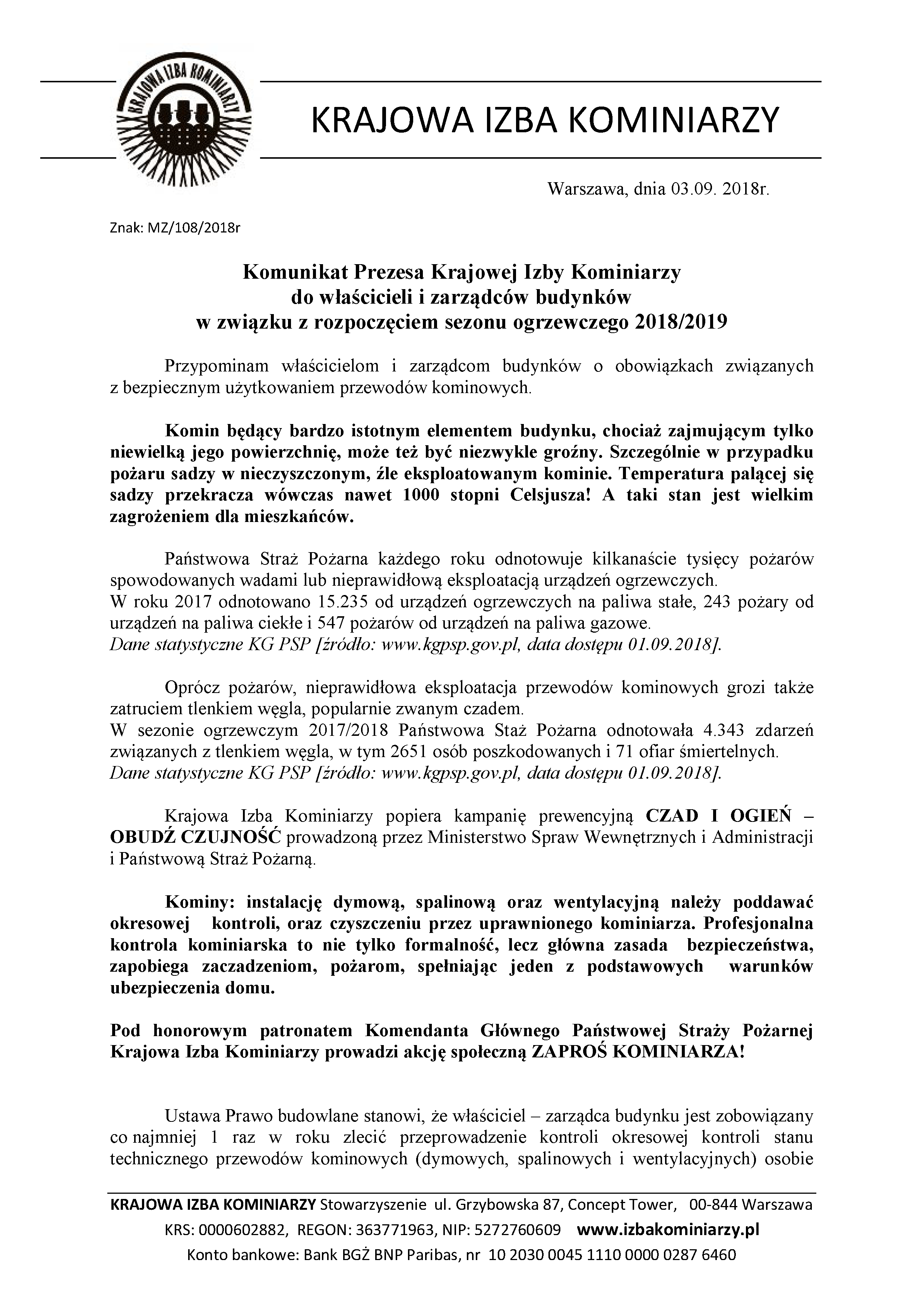 Komunikat Prezesa Krajowej Izby Kominiarzy 2018 MZ 1081