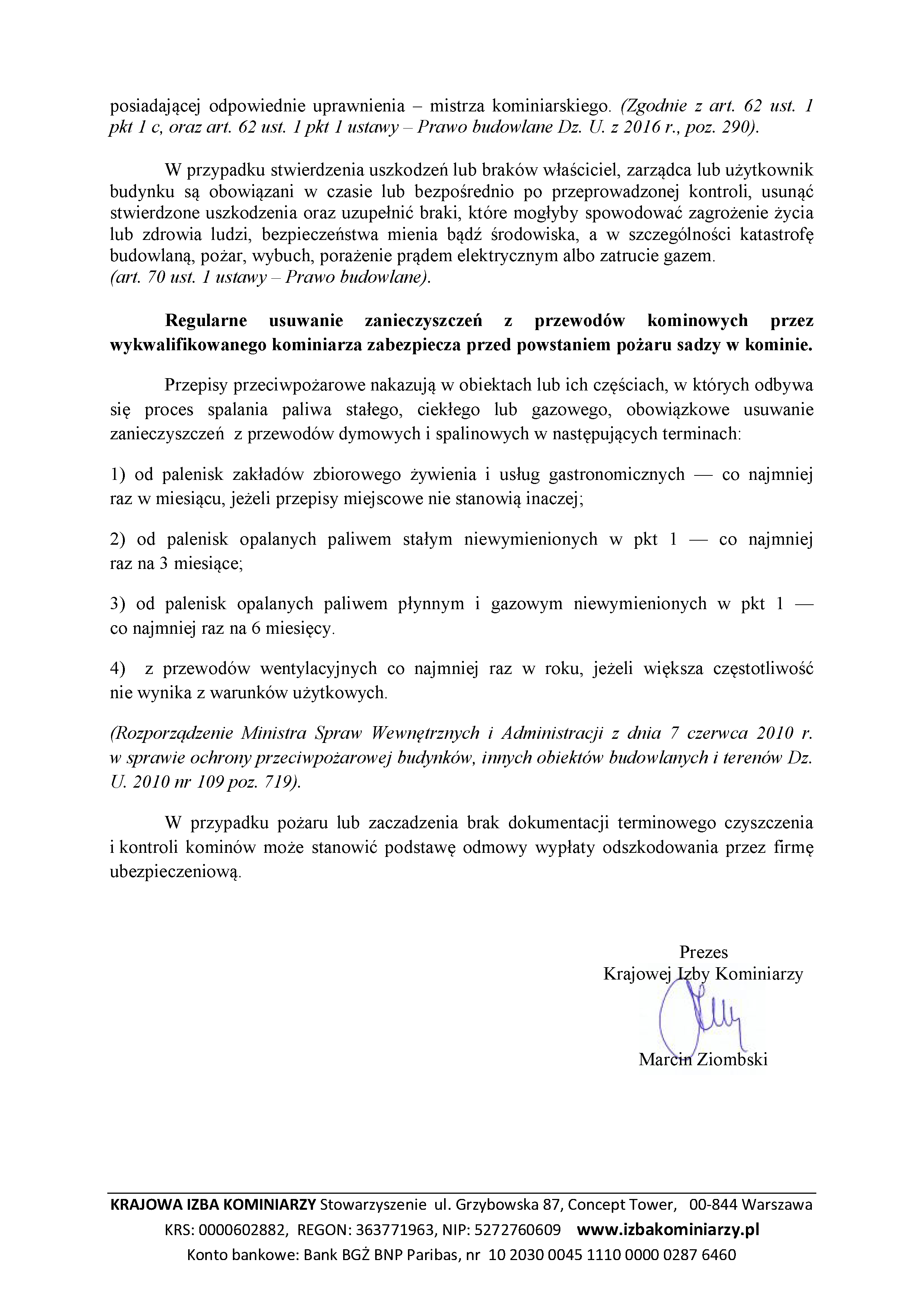 Komunikat Prezesa Krajowej Izby Kominiarzy 2018 MZ 1082
